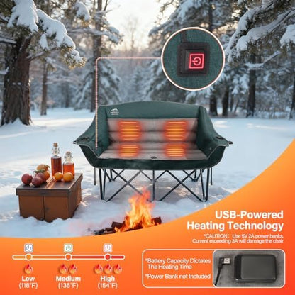 Heated Double Camping Chairs,3 Heat Levels Padded Portable Loveseat w/Wine Glass Holder,Cup Holder,Heating Outdoor Camp Couch Support 600 Lbs,Dark Green,Battery NOT Included