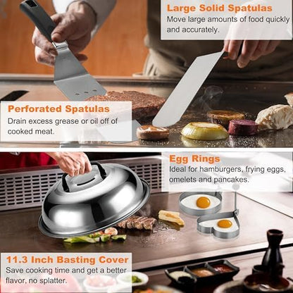 Grilljoy 38pcs Professional Griddle Accessories Kit for Blackstone, with Smash Burger Press, Extra Thick Griddle Spatula, Turner, Flipper - Flat Top Grill Accessories for Outdoor Grill