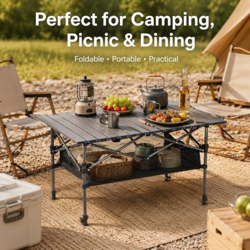 Portable Folding Camping Table, Adjustable Height, Black, 37 x 21 in