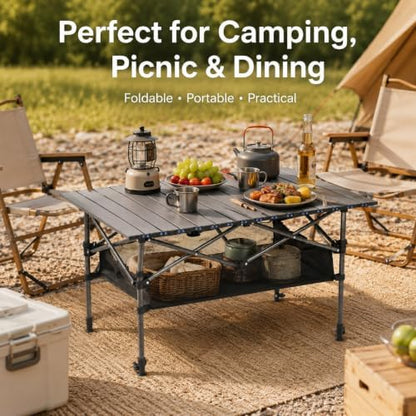 Portable Folding Camping Table, Adjustable Height, Black, 37 x 21 in