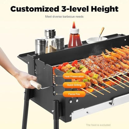 Portable Charcoal Grill with 3-Gear Height Adjustment – 3-8 Person 201 Stainless Steel Freestanding BBQ for Backyard Camping & Family Cookouts w/25.79x11.42in Cooking Surface