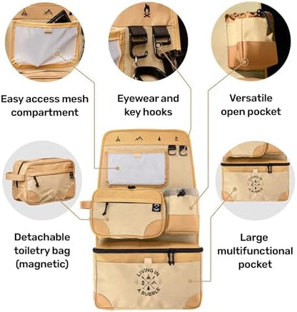 Living in a Bubble Seat back Organizer – Magnetic Toiletry and Cooler Pouch, Cordura Car Backseat Storage with Device Holder & Hooks, Multi-Compartment Utility Bag for Campervans & Family Travel