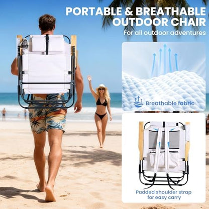 2 Pack Premium 5-Position Reclining Camping Chair - Portable Folding Lightweight Outdoor Chair with Wooden Armrests, Headrest & Pockets, 350lbs Heavy Duty for Beach, Patio, Cream White