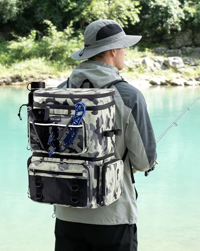 HXLGMD Fishing Backpack with Rod Holders, Double Layer Large Water-resistant Tackle Bag Store Gear with Cooler, Grey