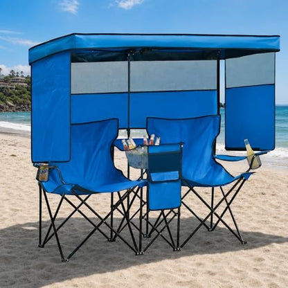 Double Beach Chair with Canopy Shade Oversized Camping Chairs with Canopy, Cooler Bag & Cup Holder Folding Loveseat for Camp Fishing Beach