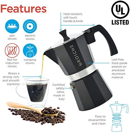 GROSCHE Milano Stovetop Espresso Maker Moka Pot 3 espresso Cup, 5 oz Black