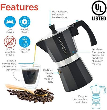 GROSCHE Milano Stovetop Espresso Maker Moka Pot 3 espresso Cup, 5 oz Black