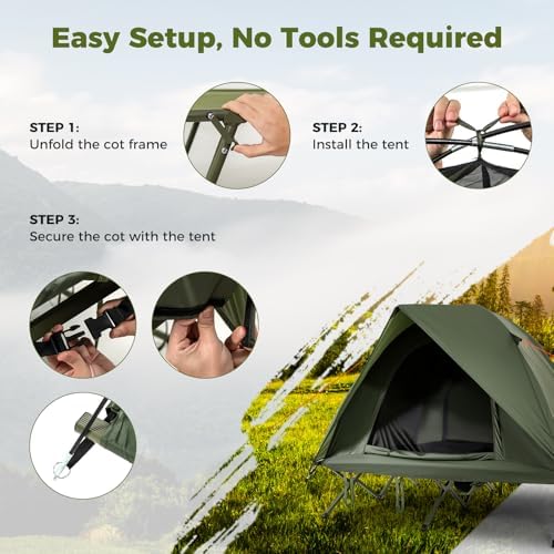 GYMAX 2-Person Tent Cot, 3 in 1 Folding Off-Ground Cot Bed Combo with Portable Wheeled Bag, Waterproof Rainfly, 2 Mesh Doors & Skylight Roof for Hiking, Backpacking, Outdoor