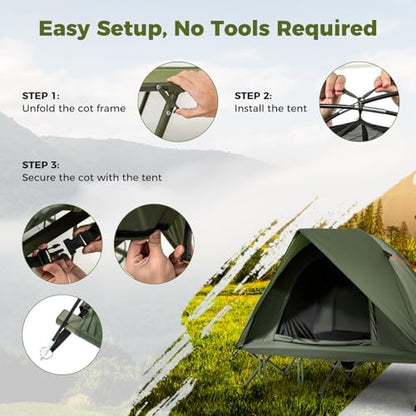 GYMAX 2-Person Tent Cot, 3 in 1 Folding Off-Ground Cot Bed Combo with Portable Wheeled Bag, Waterproof Rainfly, 2 Mesh Doors & Skylight Roof for Hiking, Backpacking, Outdoor