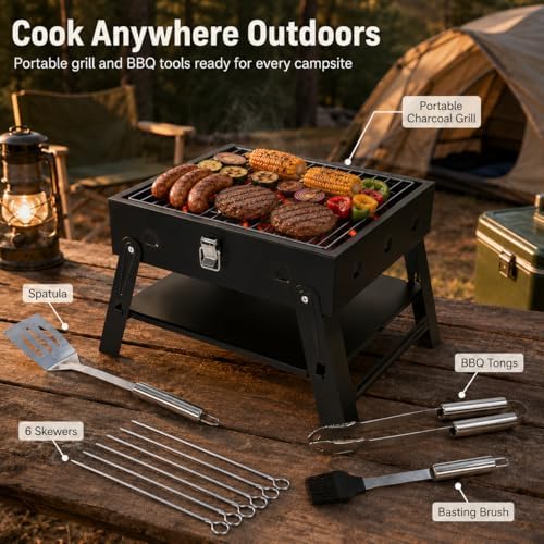 Small Portable BBQ Charcoal Grill: Mini Foldable Table Top Barbecue Grills