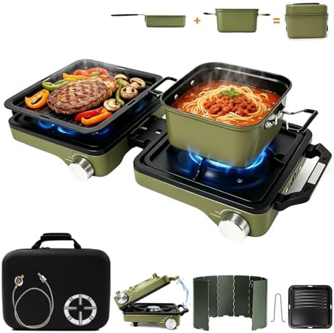 2 Burner Camping Stove with 2-In-1 Cookware Set, 24000 BTU Propane Gas Stove, Foldable Camp Stove with Frying Pan, Pot, Windshield & Carry Bag, Camping Essentials for Picnic, RV, Camp kitchen, Green
