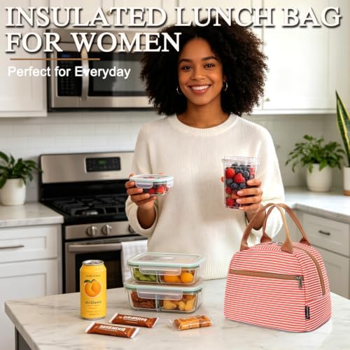 FlowFly Insulated Lunch Cooler Bag - Tote Bag Organizer for Women/Men, Red#Stripes