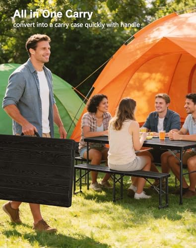 2pk Folding Table with 4 Benches Set for Camping, Picnic, Black