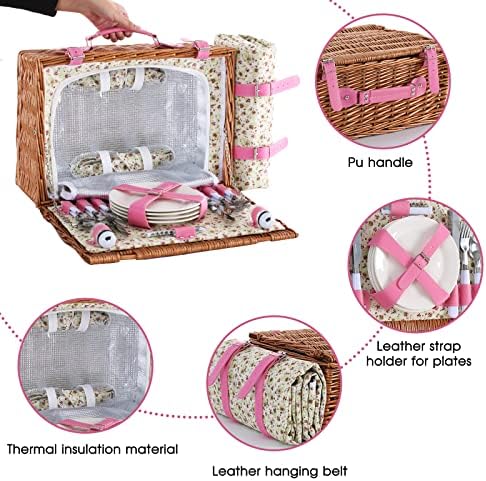 Wicker Picnic Basket for 4 with Waterproof Picnic Blanket Pink