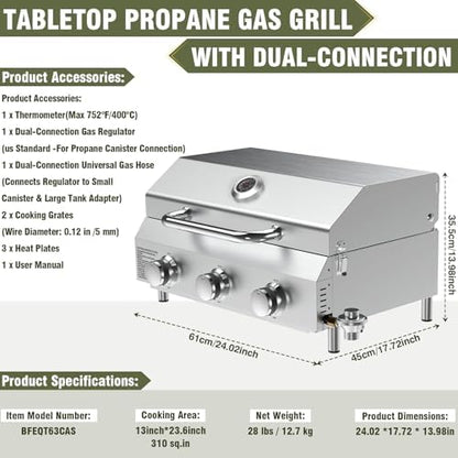 Bestfire 3-Burner Tabletop Propane Gas Grill with Dual Connections, 30,000 BTU Portable Propane Grill Fits Large Cylinders & Small Canisters, Knobs, Compact Design for Camping, RV, BBQ