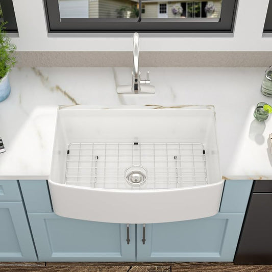 30 White Farm Sink - Fulorni 30"x19" Farmhouse Kitchen Sink Curved Apron Front Ceramic Porcelain Fireclay Single Bowl Farmer Style Basin