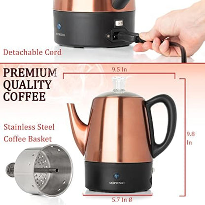 Mixpresso 4 Cup Copper Small Electric Percolator Coffee Pot Stainless Steel