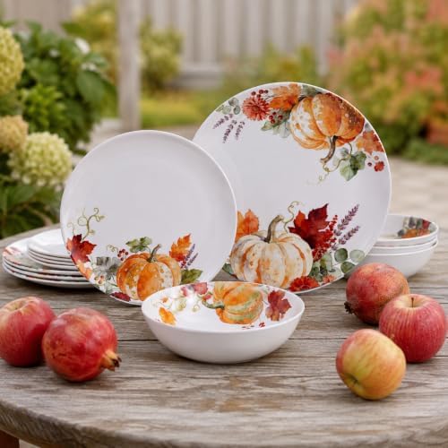 Melamine Dinnerware Set for 4, 12-Piece Pumpkin Plates and Bowls, BPA-Free