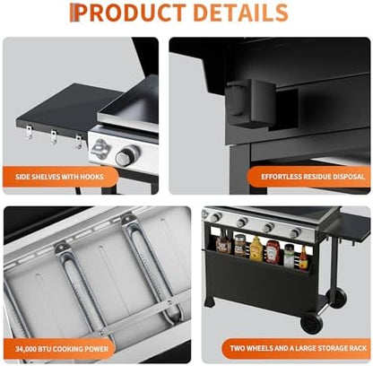 4-Burner Propane Gas Griddle – 32,000 BTU Convertible Flat Top Grill with Hood & Removable Cart – Portable for Camping, Tailgating, Backyard