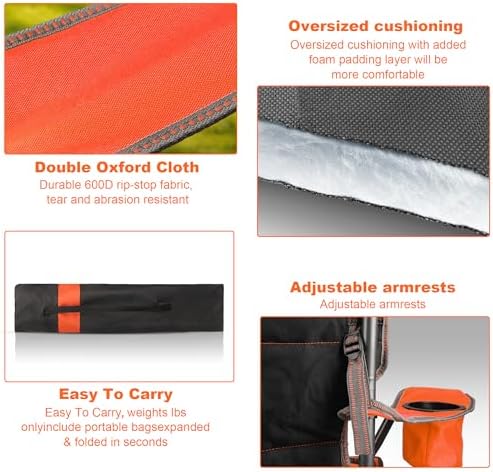2 Pack Padded Oversized Camping Chairs for Adults,Heavy Duty Support 400 Lbs,Folding Portable Lawn Chair w/Cup Holder,Cooler Bag,Side Pocket,Perfect for Outdoor Picnic,Hiking(Orange&Blue)
