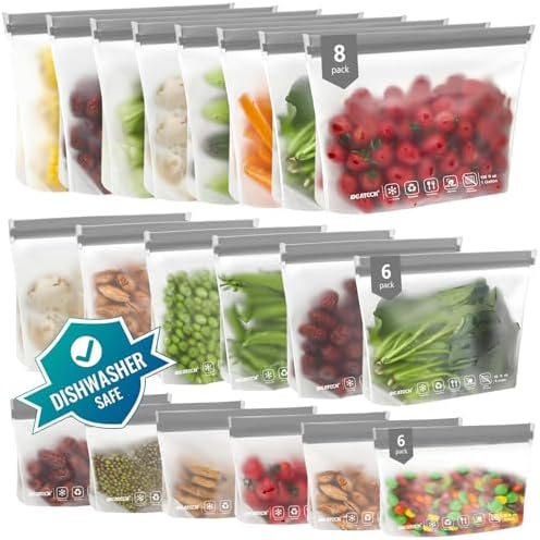 IDEATECH Food Storage Containers, BPA Free PEVA Reusable Gallon Freeezer Bags, Reusable Quart Size Sandwich Bag, Leakproof Baggies for Travel, Lunch, Healthy Food (8Gallon 6Quart 6Snack, Grey)