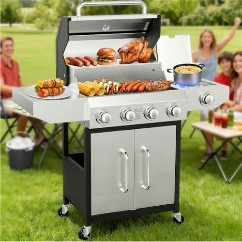 Llamaviva 4 Burner Gas Grill with Side Burner 60000 BTU Propane Flat Top Grill Stainless Steel Outdoor BBQ Grill Portable with Wheels for Patio Camping
