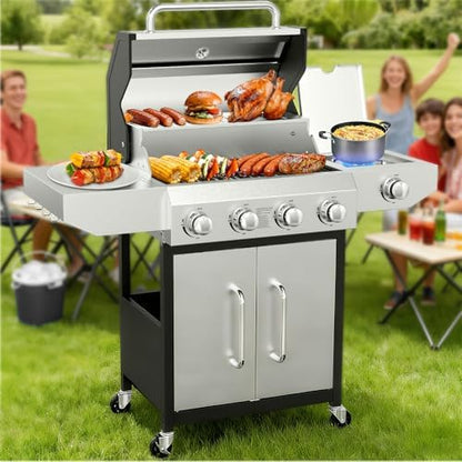 Llamaviva 4 Burner Gas Grill with Side Burner 60000 BTU Propane Flat Top Grill Stainless Steel Outdoor BBQ Grill Portable with Wheels for Patio Camping