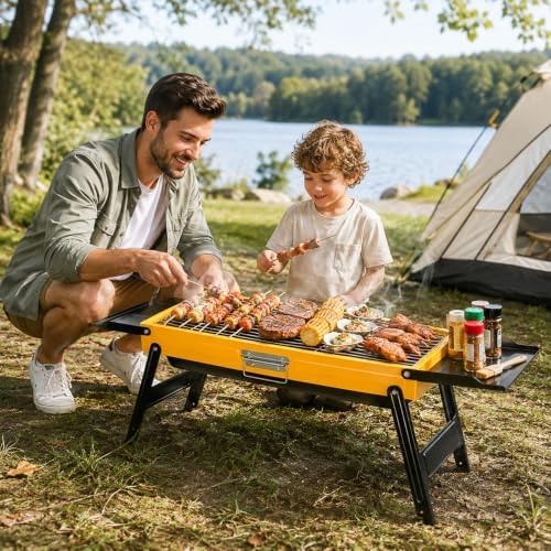 Portable Charcoal Grill Stainless Steel, Small Foldable BBQ Suitcase with Portable Side Shelves & Heat Resistant, Lightweight Tabletop Barbecue for Camping Picnic Backyard Beach Travel
