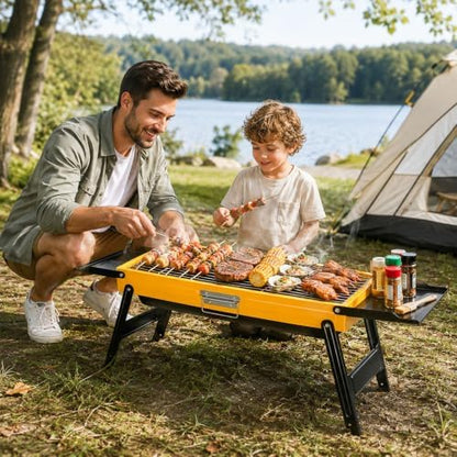 Portable Charcoal Grill Stainless Steel, Small Foldable BBQ Suitcase with Portable Side Shelves & Heat Resistant, Lightweight Tabletop Barbecue for Camping Picnic Backyard Beach Travel