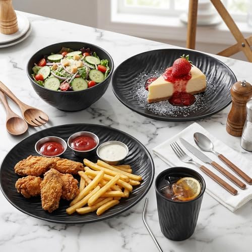 18-Piece Black Wheat Straw Dinnerware Set for 6 (6 Plates, 6 Bowls, 6 Cups) - Heavy Duty Unbreakable Rock-Textured Set, Elegant Microwave Safe & Reusable for Camping & Outdoor Use