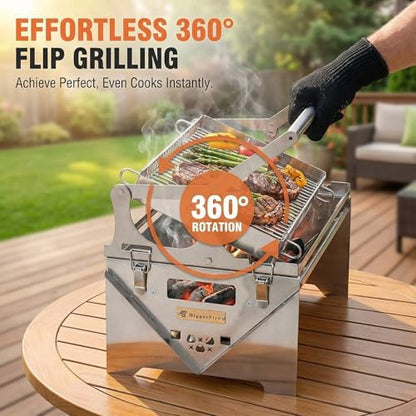 Portable 360° Rotating Charcoal Grill with Flipping Basket, Stainless Steel Flip BBQ Grill for Camping & Outdoor, Easy to Clean Detachable Design, New Upgrade