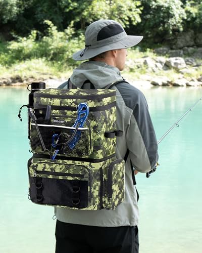 HXLGMD Fishing Backpack with Rod Holders, Double Layer Large Water-resistant Tackle Bag Store Gear with Cooler, Green