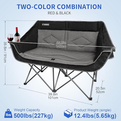 Oversized Double Camping Chair-Heavy Duty 2 Person Folding Loveseat Camp Couch for Adults,Portable Outdoor Lawn Chairs with Padded Seat for Fishing,Sports and Patio,Supports 500 LBS,Black