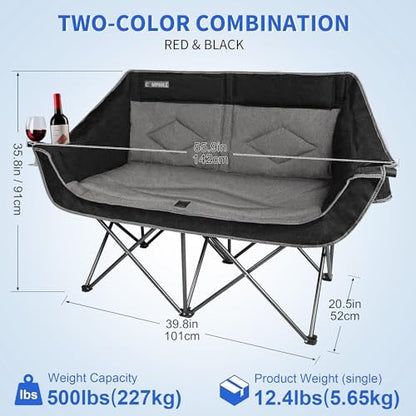 Oversized Double Camping Chair-Heavy Duty 2 Person Folding Loveseat Camp Couch for Adults,Portable Outdoor Lawn Chairs with Padded Seat for Fishing,Sports and Patio,Supports 500 LBS,Black