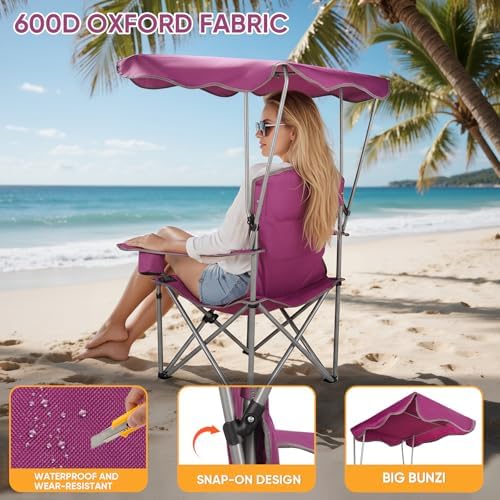 Northroad Folding Camping Chairs with Canopy Shade, Beach Chair w/Cup Holders, Armrests & Carry Bag for Outdoors Travel Sports Fishing, Purple