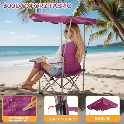 Northroad Folding Camping Chairs with Canopy Shade, Beach Chair w/Cup Holders, Armrests & Carry Bag for Outdoors Travel Sports Fishing, Purple