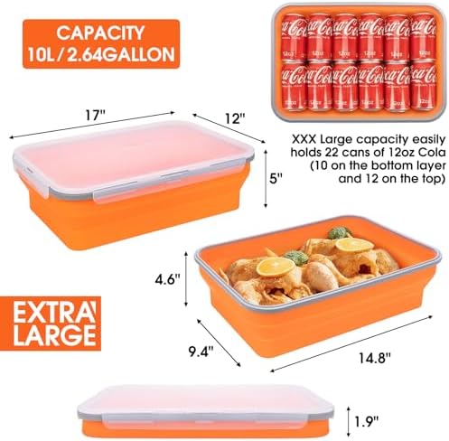 Silicone Collapsible Marinating Container with Lid for Meat, 2.64Gal/10L, Extra Large Collapsible BBQ Prep Tub, Transparent Locking Lid, XL Grill Prep Trays and Carry System, BBQ Must-Have, Orange