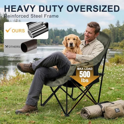 Oversized Camping Chairs for Adult - Heavy Duty Padded Portable Folding Chair XL Collapsible Camp Chair with Cup Holder Cooler Pockets for Outdoor Lawn Beach Sport Fishing Support 500LBS, Green Grey