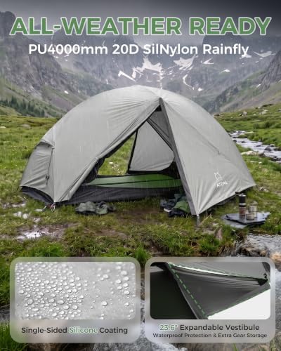 ATEPA Voyage 1-2 Backpacking Tent, Ultralight 20D SilNylon 4 Season Camping Tent, 4000mm Waterproof Freestanding Tent with Expandable Vestibule for Hiking, Bikepacking & Mountaineering