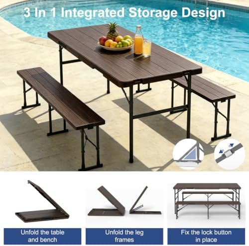 Folding Table with 2 Benches Set for Picnic, Party, Camping, School