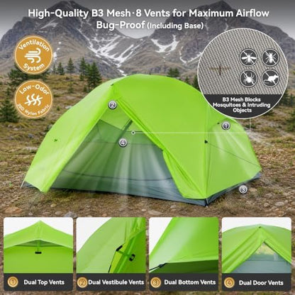 CANTUO 2/3 Person Tent Backpacking Tent with Footprint Ultralight 20D Nylon 4000mm Waterproof & Windproof Two Person Tent