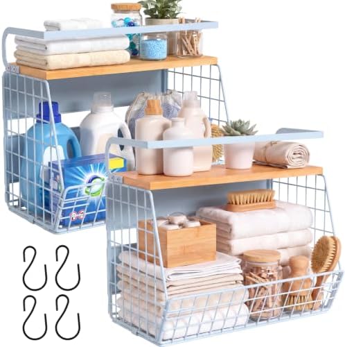 Magnetic Shelf for Fridge with Wood Lid, Fruit Potato and Onion Storage Bins, Pantry Organizers & Storage, Large Container Magnetic Spice Rack for Refrigerator, Kitchen Counter, Cabinet (Blue, 2)