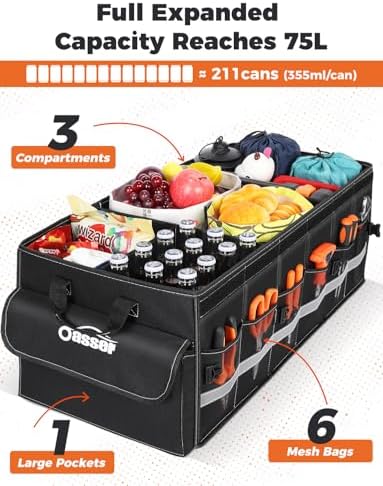 Oasser Car Trunk Organizer with Foldable Soft Lid 75L 4 Compartments Black