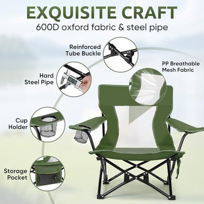 HaSteeL Low Beach Chairs, 2Pcs Folding Camping Lawn Chairs - Green