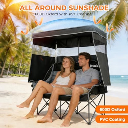 Double Camping Chair with Canopy Heavy Duty 2 Person Folding Loveseat Beach Chair with Shade High Back Oversized Outdoor Camping Couch with Cup Holders & Wine Racks for Lawn, Fishing, Sports