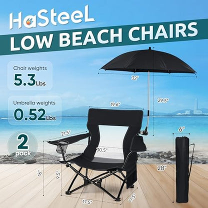 HaSteeL Low Beach Chairs, 2Pcs Camping Chairs with Umbrellas - Black