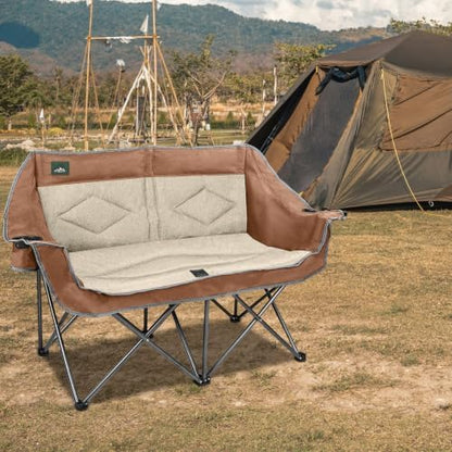 Northroad Folding Loveseat Camping Chair Portable Double Duo Full Padded Garden Sofa Chair for 2 Person w/ 2 Cup Holder,Wine Glass Holder,Support 600lbs for Outdoor Travel (Moca)