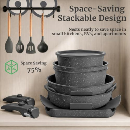 YASHE 21Pcs Nonstick Pots and Pans Set with Removable Handles, Oven Safe