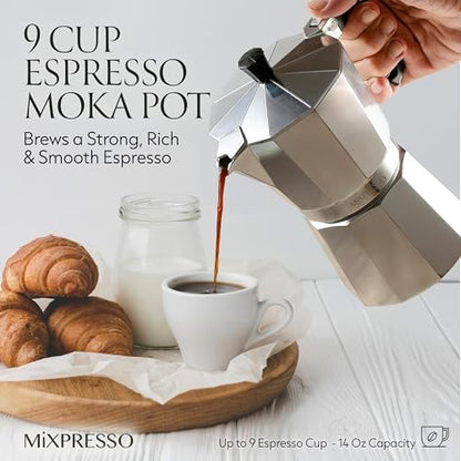 Mixpresso 9 Cup Moka Pot Stovetop Espresso Maker, Italian Cuban Coffee Pot