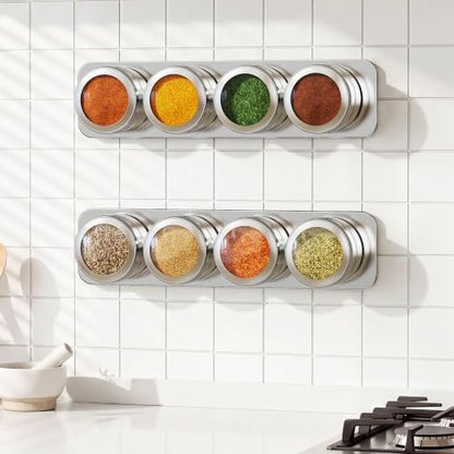 Vetacsion Set of 8 Magnetic Spice Tins with 2 Metal Wall-Plates,120 Preprinted Seasoning Label Stickers,2 Styles for 3 oz Herb Jars